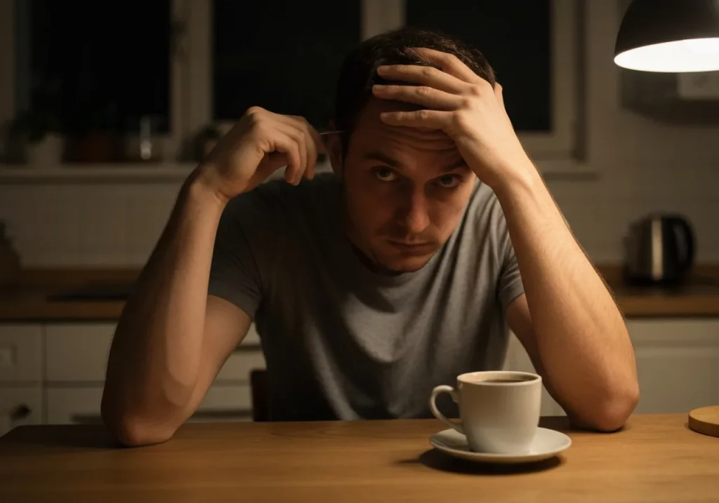 Man in the table looking stressed with cup of coffee