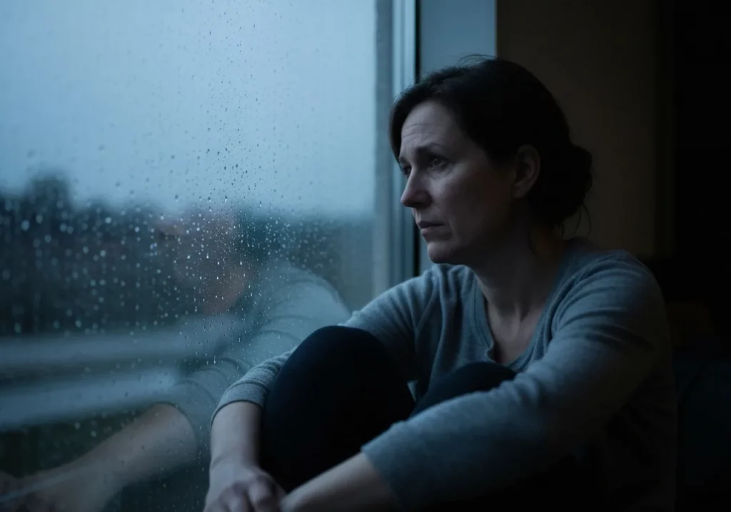 Woman looking the window in deep thoughts