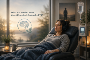 woman in bed taking her ketamine infusion