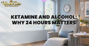 Quiet ketamine infusion room with a single treatment chair and a wall clock in morning light