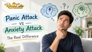 Panic attack vs. anxiety attack: a confused man considers the difference between the two, illustrated with mental health symbols. Ketamine Center of Connecticut.